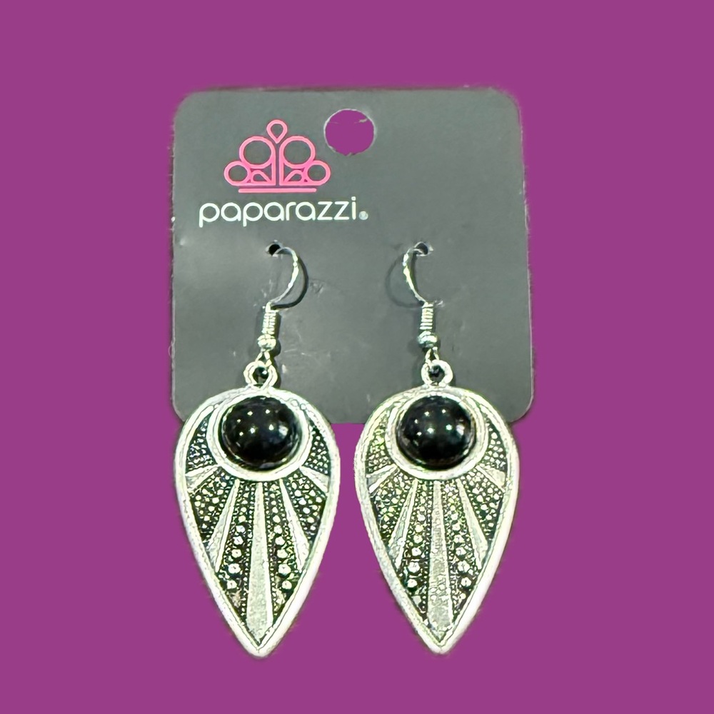 Paparazzi Silver Dangle Earrings Intricate Antiqued Tea Drop Shape Black Bead